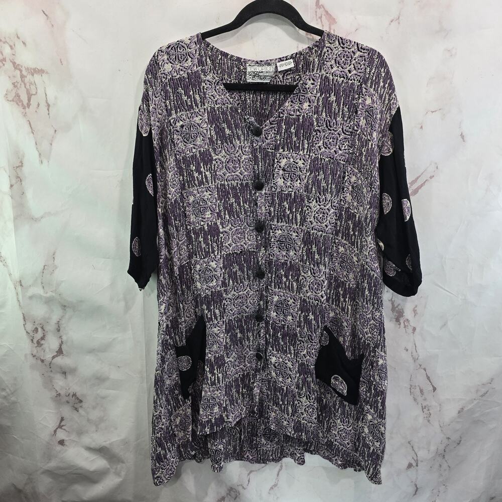Vintage Shiirt Womens XL Purple Black 90s Grunge Witchy Whimsy Blouse Tunic